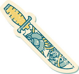distressed sticker tattoo style icon of a dagger and flowers