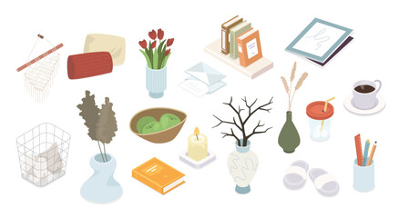 Decorative interior items - modern vector isometric colorful elements