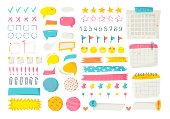 A great planning kit. Vector illustration on white background. Stickers, calendars, staples, etc. Bright set.