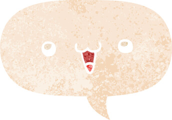 cute happy face cartoon and speech bubble in retro textured style