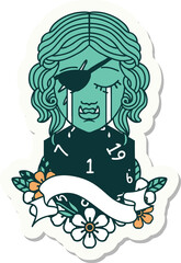crying orc rogue character face with natural one d20 dice roll sticker