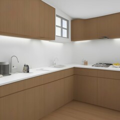 Fototapeta na wymiar Front view on bright kitchen room interior with cupboard, white wall, oak wooden hardwood floor, sink, plates, oil, gas cooker. Concept of minimalist design. 3d rendering 8k - generative ai