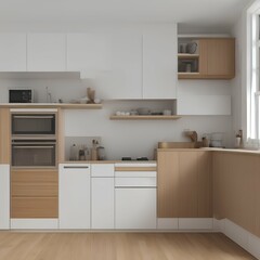 Front view on bright kitchen room interior with cupboard, white wall, oak wooden hardwood floor, sink, plates, oil, gas cooker. Concept of minimalist design. 3d rendering 8k - generative ai