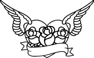 black line tattoo of a flying heart with flowers and banner