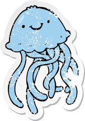 distressed sticker of a cartoon happy jellyfish