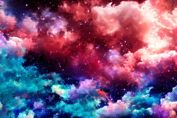 Fototapeta premium abstract painting with red, purple and blue colors, space art, clouds. fantasy, high quality digital painting, hellish background, stars in background, Generative AI
