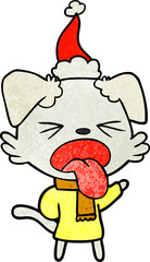 textured cartoon of a dog wearing scarf and pullover wearing santa hat