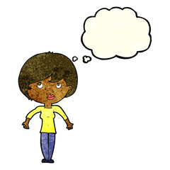 cartoon woman shrugging shoulders with thought bubble