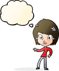 cartoon pretty woman pointing with thought bubble