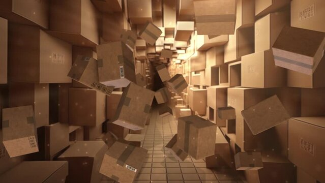 The camera starts by moving through a long, winding corridor made entirely of boxes - some stacked neatly, others piled haphazardly - creating a sense of chaos and disarray.
