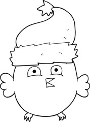 black and white cartoon owl wearing christmas hat