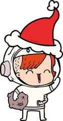 line drawing of a happy spacegirl holding moon rock wearing santa hat