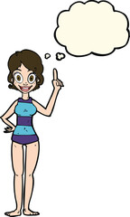 cartoon woman in striped swimsuit with thought bubble