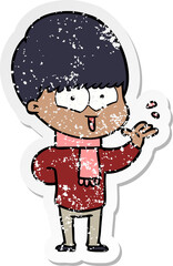 distressed sticker of a cartoon happy boy