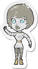 retro distressed sticker of a cartoon robot woman waving