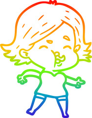 rainbow gradient line drawing cartoon girl pulling face