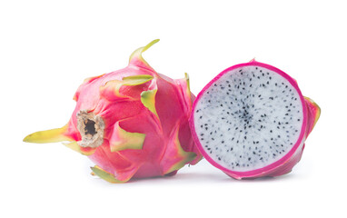 Beautiful fresh red dragon fruit with half or slice isolated on white background with clipping path and shadow in png file format