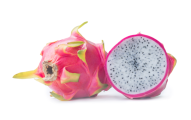 Beautiful fresh red dragon fruit with half or slice isolated on white background with clipping path and shadow in png file format