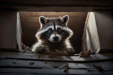An American raccoon climbed into a house's attic. Generative AI - obrazy, fototapety, plakaty