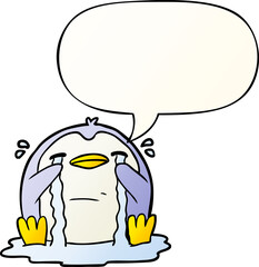 cartoon crying penguin and speech bubble in smooth gradient style