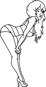 black line tattoo of a pinup girl in swimming costume