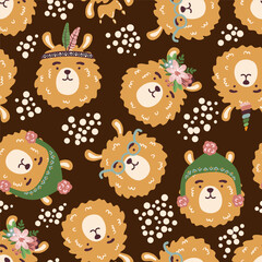 Alpaka in glasses, hat, feathers, flowers, crown vector seamless pattern. Hand drawn lama childish texture for fabric, textile. Llama vector illustration.