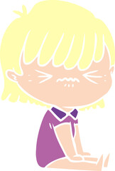 annoyed flat color style cartoon girl sitting
