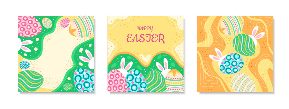 set of postcard cover templates with Easter eggs and rabbits on colorful background. Geometric abstract shapes and waves. Vector image drawn by hands in style of doodle, cartoon. Place for text 