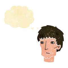 cartoon worried man with thought bubble