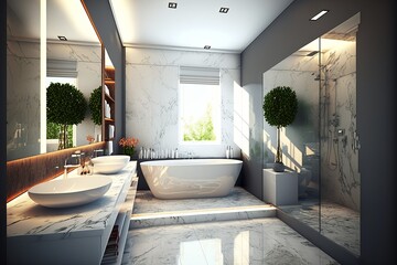 Stylish bathroom interior with countertop, shower stall and houseplants. Design idea