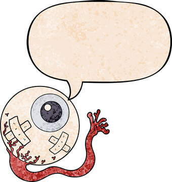 cartoon injured eyeball and speech bubble in retro texture style