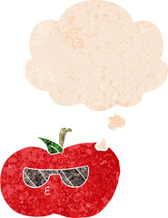 cartoon cool apple and thought bubble in retro textured style