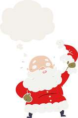 cartoon santa claus waving hat and thought bubble in retro style