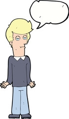 cartoon bored man shrugging shoulders with speech bubble