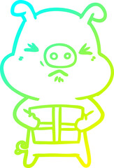 cold gradient line drawing cartoon angry pig with christmas present