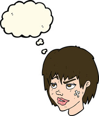 cartoon woman with plaster on face with thought bubble