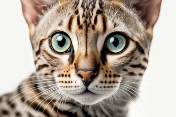 Fototapeta na wymiar On a white background, a close up picture of a Bengal shorthair cat. Shot from above. Generative AI