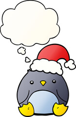 cute cartoon penguin wearing christmas hat and thought bubble in smooth gradient style