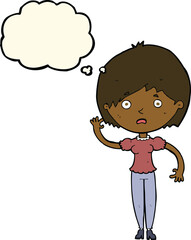 cartoon waving woman with thought bubble
