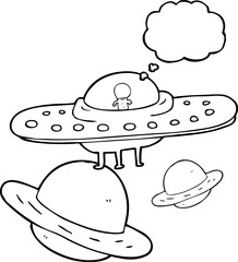 thought bubble cartoon flying saucer in space