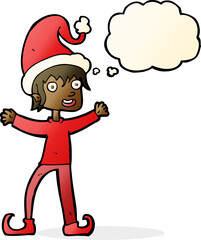 cartoon excited christmas elf with thought bubble