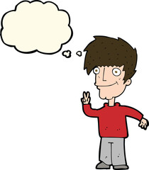 cartoon man giving peace sign with thought bubble