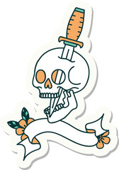 tattoo sticker with banner of a skull and dagger