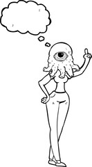 thought bubble cartoon female alien with raised hand