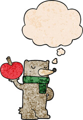 cartoon bear with apple and thought bubble in grunge texture pattern style