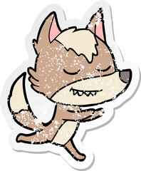 distressed sticker of a friendly cartoon wolf running