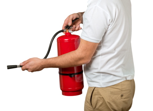 Man presses the trigger fire extinguisher isolated on white