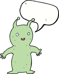 cartoon happy little alien with speech bubble