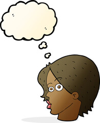 cartoon female face with thought bubble