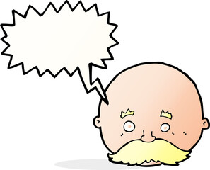 cartoon bald man with mustache with speech bubble